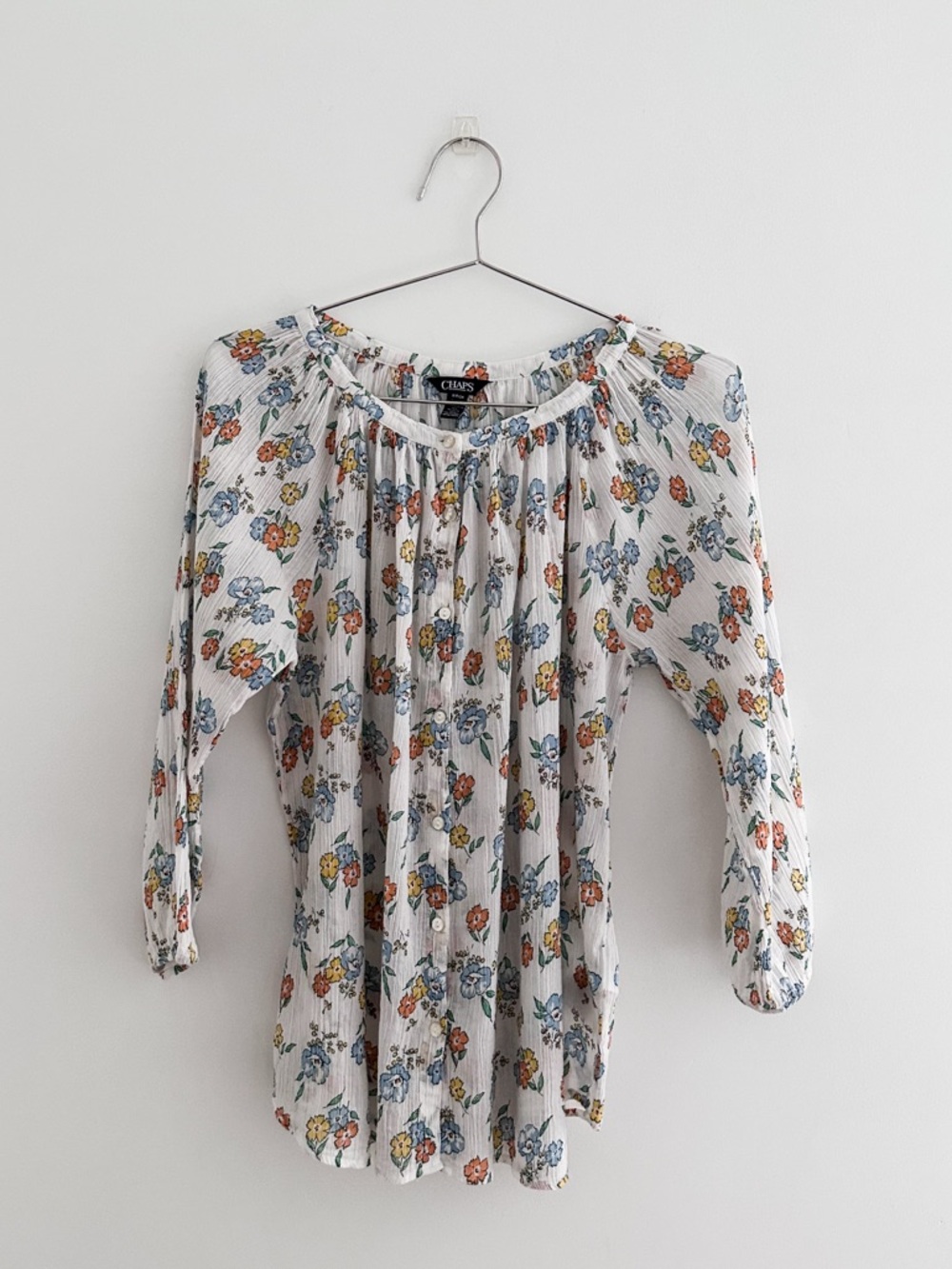 Chaps Floral Gauze Peasant Blouse | Button Down Long Sleeve | Boho Cottagecore S